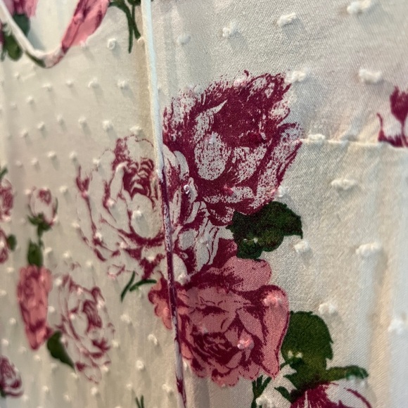 ModCloth Pink White Rose Floral Swiss Dot Rayon Keyhole Neck Tie Blouse Top XS - Picture 8 of 11